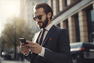 Business man in suit with sunglasses looking at mobile phone in street. KI generiert, generiert AI
