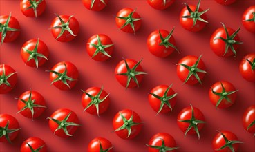 Creative pattern made of red tomatoes on a red background. Flat lay, top view AI generated