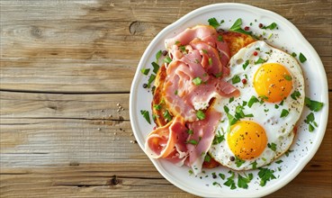 Breakfast with fried eggs, ham and parsley on wooden background AI generated