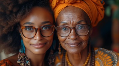 Portrait of two African women from different generations smiling together, showcasing cultural