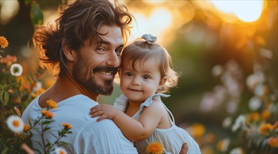 Cheerful father holding his little daughter in a summery field at sunset, ai generated, AI