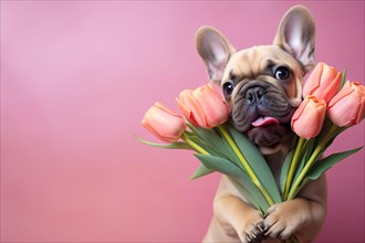 French Bulldog dog with tulip spring flowers on pink background with copy space. KI generiert,