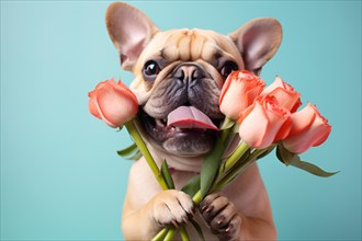 Cute French Bulldog dog holding rose flowers on blue studio background. KI generiert, generiert AI