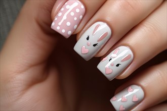 FIngernail nail art design with Easter bunnies, dots and hearts. KI generiert, generiert AI