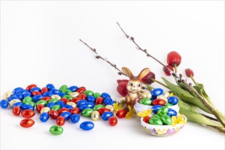 A collection of colourful chocolate eggs and an Easter bunny next to tulips and palm catkins, white