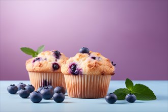 Blueberry muffins in front of purple background. KI generiert, generiert AI generated