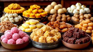 An assortment of traditional Indian sweets showcasing a variety of shapes and colors, AI generated