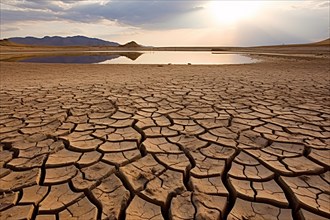 Dry cracked earth with drying lake. Climate change and water shortage concept. KI generiert,