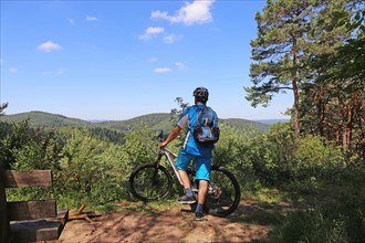 Symbolic image: Mountain biker enjoying the view of the Palatinate Forest near the Kalmit