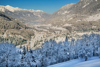 Snow-covered winter panorama of the valley, Bad Gastein, Gastein Valley, Hohe Tauern National Park,