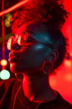 Thoughtful portrait of a woman in soft red light, with glasses and earring, capturing a nocturnal