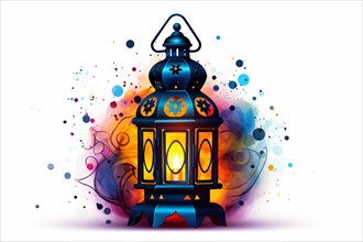 Vibrant illustration of a Ramadan lantern, surrounded by a colorful splash of lights and stars,