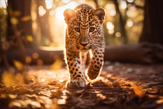 Baby leopard walking with confidence during the golden hour, showcasing its spotted fur and