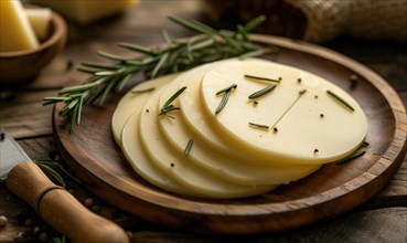 Slices of cheese with rosemary on a wooden background AI generated