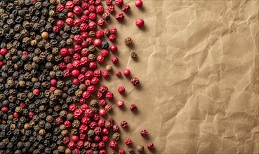 Black, pink and white peppercorns on crumpled paper AI generated