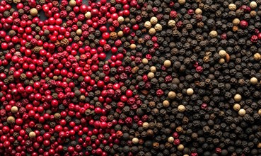 Top view of black and red pepper peppercorns on wooden background AI generated