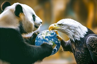 A panda fights with a bald eagle over a globe, symbolising the cultural, ideological and economic