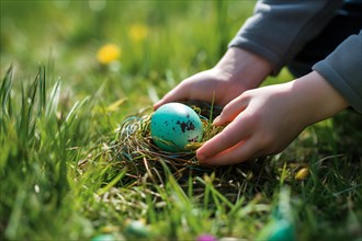 Egg hunt. Child's hand picking up Easter egg in nest. KI generiert, generiert AI generated