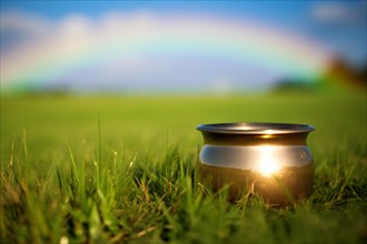Pot of gold in grass with rainbow in background. St. Patrick's Day concept. KI generiert, generiert
