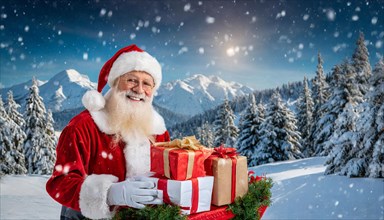 AI generated, man, 70+, Father Christmas, red coat, backpack, full beard, winter, snow, ice, fir