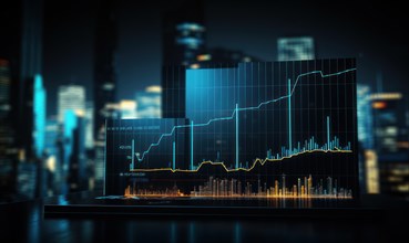 Cityscape with financial charts on a dark background AI generated