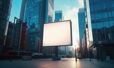 An empty billboard on a city street at dawn with skyscrapers in the background AI generated