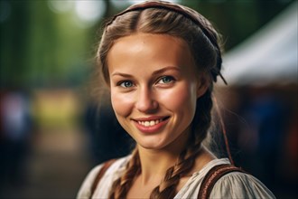 Smiling young woman in Slavic attire. KI generiert, generiert AI generated