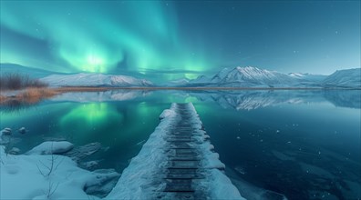 Green aurora borealis over a tranquil lake with a wooden pier leading into the serene snowy