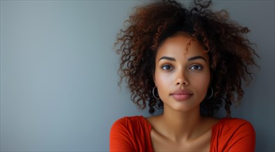 Serious-looking woman with an afro in red attire against a grey background, AI generated