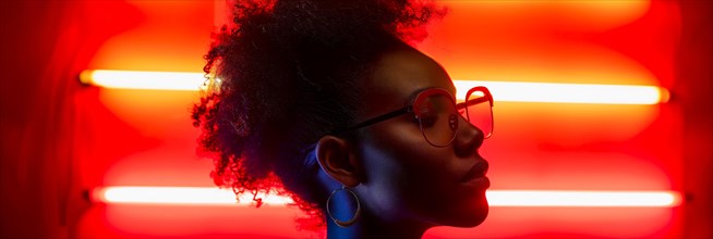 Relaxed looking woman with trendy glasses and big earrings, surrounded by warm red neon lights, AI