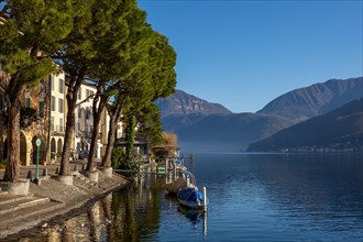 Old Beautiful Town with Building and Trees on the Waterfront on Lake Lugano with Boat in a Sunny