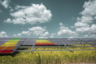 Solar panel system with EU energy label, symbolic image