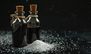 Bottles of oil with salt on black background. Selective focus AI generated