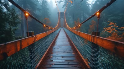 Misty evening on Capilano suspension bridge with warm lights in a forest setting, ai generated, AI