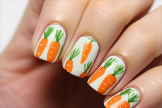 Woman's fingernails with Easter nail art design with carrots. KI generiert, generiert AI generated