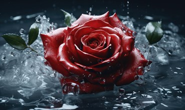 A red rose with water droplets on its petals over a reflective watery surface AI generated