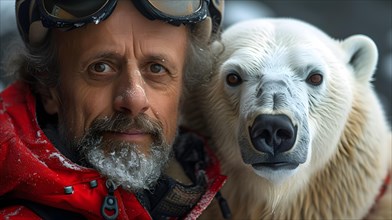 An animal filmmaker in the Arctic with his favourite polar bear, AI generated, AI generated