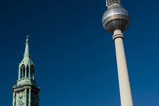 TV tower with Marienkirche, East Germany, GDR, landmark, landmark, building, modern, building,