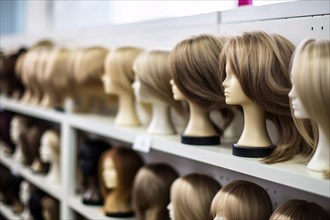 Many different hair wigs for woman in shelf in shop. KI generiert, generiert AI generated