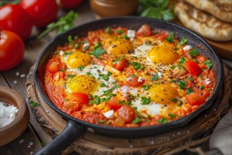 Delicious breakfast with shakshuka in a pan, served on a rustic wooden table, KI generated, AI