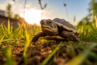 A cute little turtle crawls in grass, illuminated by the golden rays of the setting sun, AI