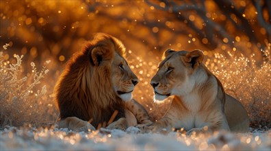 Two lions face to face in golden light creating an intimate scene, ai generated, AI generated