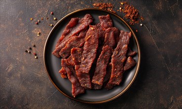 Beef jerky with spices and herbs on black background, top view, space for text AI generated