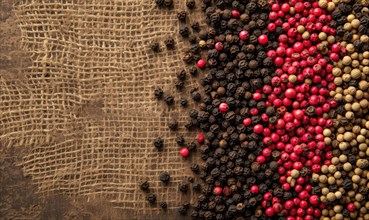 Black, red and white peppercorns on rustic wooden background AI generated