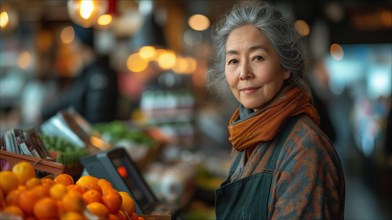 60 year old Asiatic lady in her fruit and vegetable store in a market, AI generated