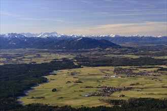 View from a hot air balloon over the Alpine foothills to the Wetterstein mountains with Zugspitze