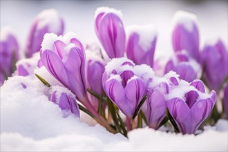 Close up of purple Crocus flowers covered in snow in early spring or late winter. KI generiert,