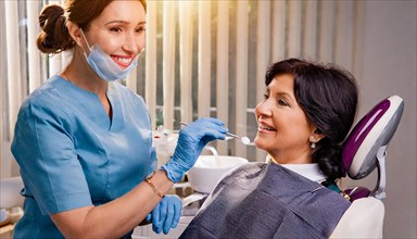 AI generated, dentist treating a middle-aged woman, dentist, blonde, 30, 35, years, dental