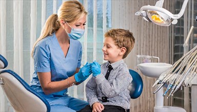 AI generated, dentist treats little boy, dentist, blonde, 30, 35, years, dental treatment,