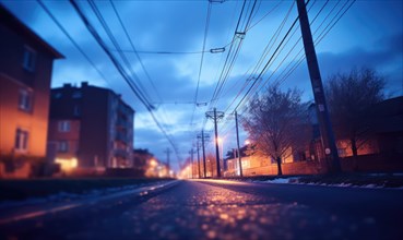 Suburban street scene at dusk with ambient lights and a moody atmosphere AI generated